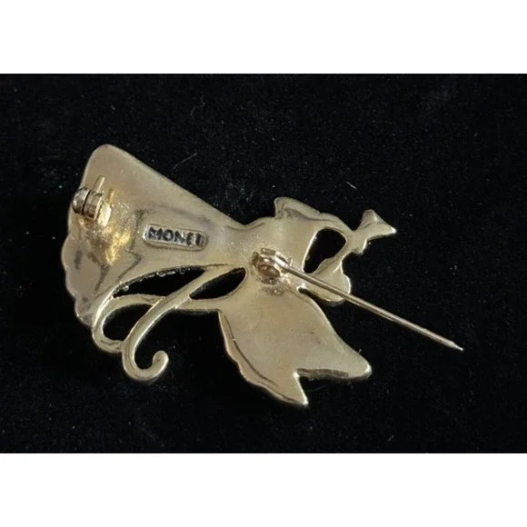 Monet Gold Tone Rhinestone Christmas Angel with Horn Brooch‎ Pin - Picture 3 of 3